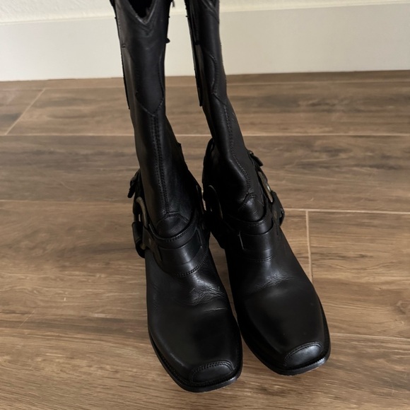 JUSTIN Black Buckle Strap High Heeled Leather Cowboy Boots - Picture 3 of 9